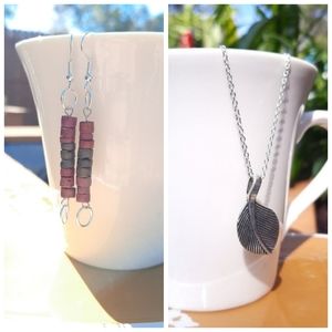 Simple Leaf Necklace & Dusty Rose Gray Green Wood Earrings Bundle